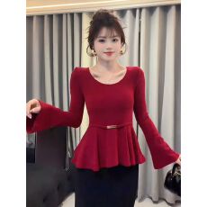 批发有货春秋新款打底衫<b class='q'>T</b>恤收腰显瘦高级感洋气喇叭袖百搭上衣