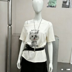 批发26夏新款美式卡通印花短袖T恤<b class='q'>女休闲</b>设计感露肩上衣配皮带