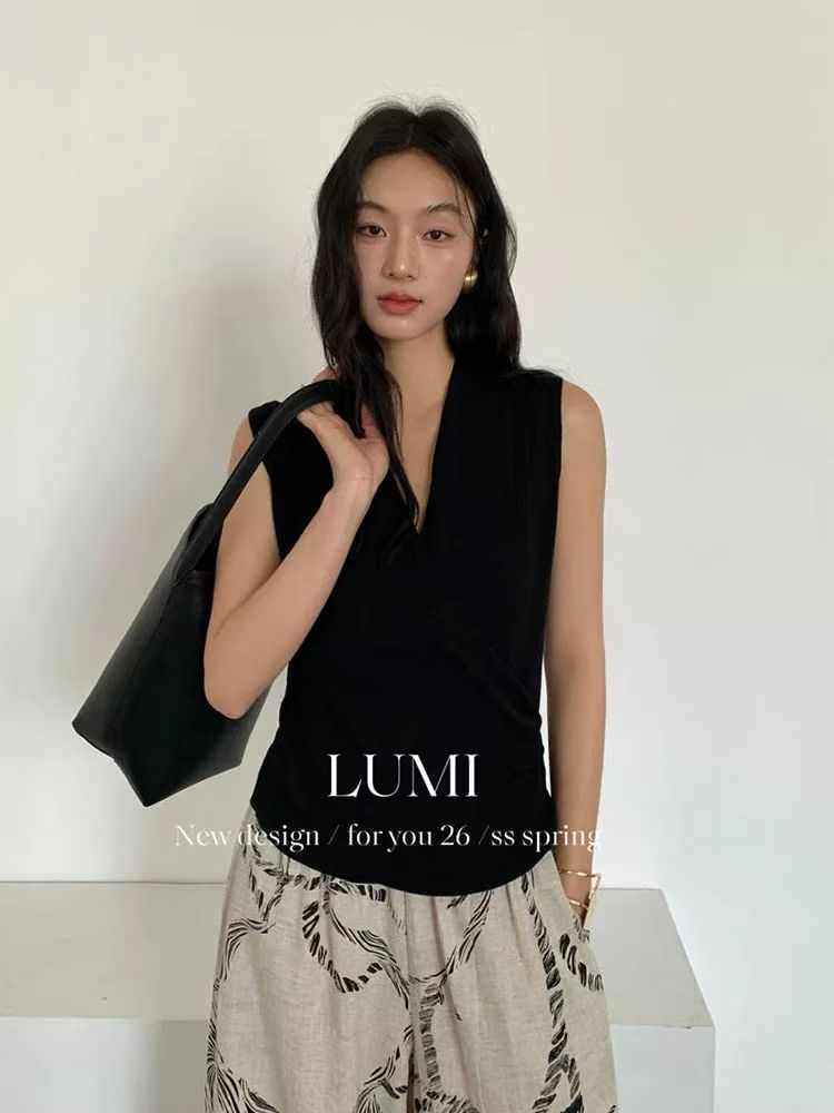 2026 새로운 고급 깊은 v 행침 목 조끼 자연 도루 가을 십자가 주름 맨위