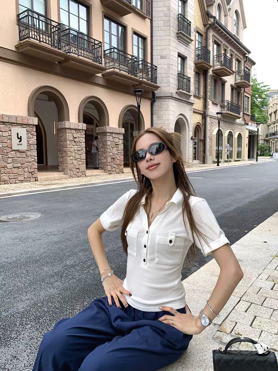 린 헤일로 헤일로 화이트 고급 센스 POLO 칼라 반팔 티셔츠 여성 가을 해군 캐주얼 루즈핏 긴 바지