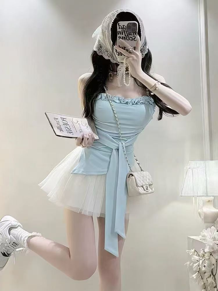 한 부서 부드러운 바람 레이스 스트랩 튜브탑 여성 여름 몸매 가꾸기 슬림해 보이는 측면 트임 불규칙 조끼 여성