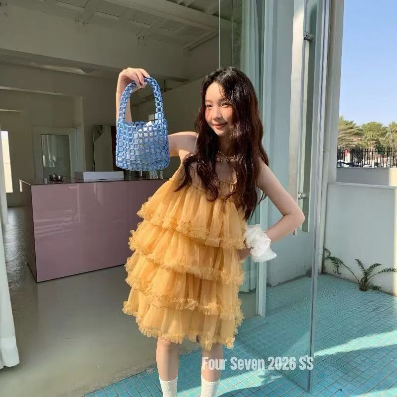 좋은 량자 여름 새로운 프랑스식 프릴 패치워크 층 망사 슬립 드레스 퍼프 케이크 미니 스커트 여성