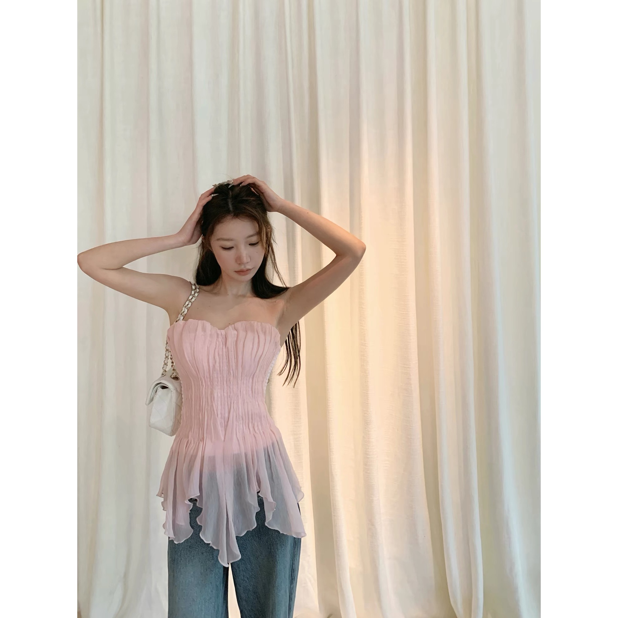 시 웨이 리앙 분말 안개 인어 이른 봄 요정 가스 수공 펌프 Pleat 몸 전체 명중 가져 가라. 조개 가슴 종류 튜브탑 맨위 여성