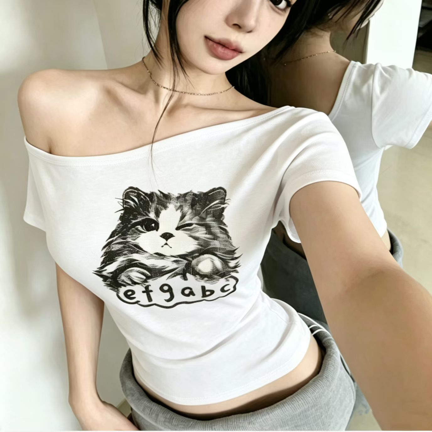 아메리칸 레트로 만화 고양이 프린트 반팔 티셔츠 여성 여름 새로운 한 부서 몸매 가꾸기 슬림해 보이는 쇼트 스타일 핫걸 맨위