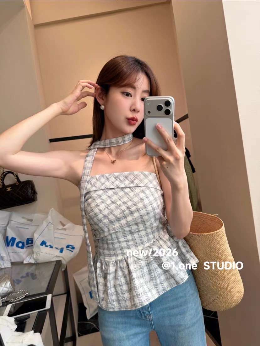 품격 니트 오픈 가디건 불규칙 체크무늬 튜브탑 투피스 조끼 여성 여름 새로운 허리 수축 슬림해 보이는 맨위