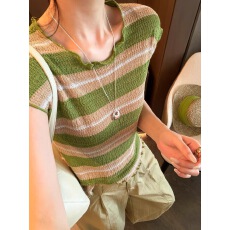 法式小资漂亮橘色条纹木耳边冰丝针织短袖T恤女夏季修身显瘦上衣