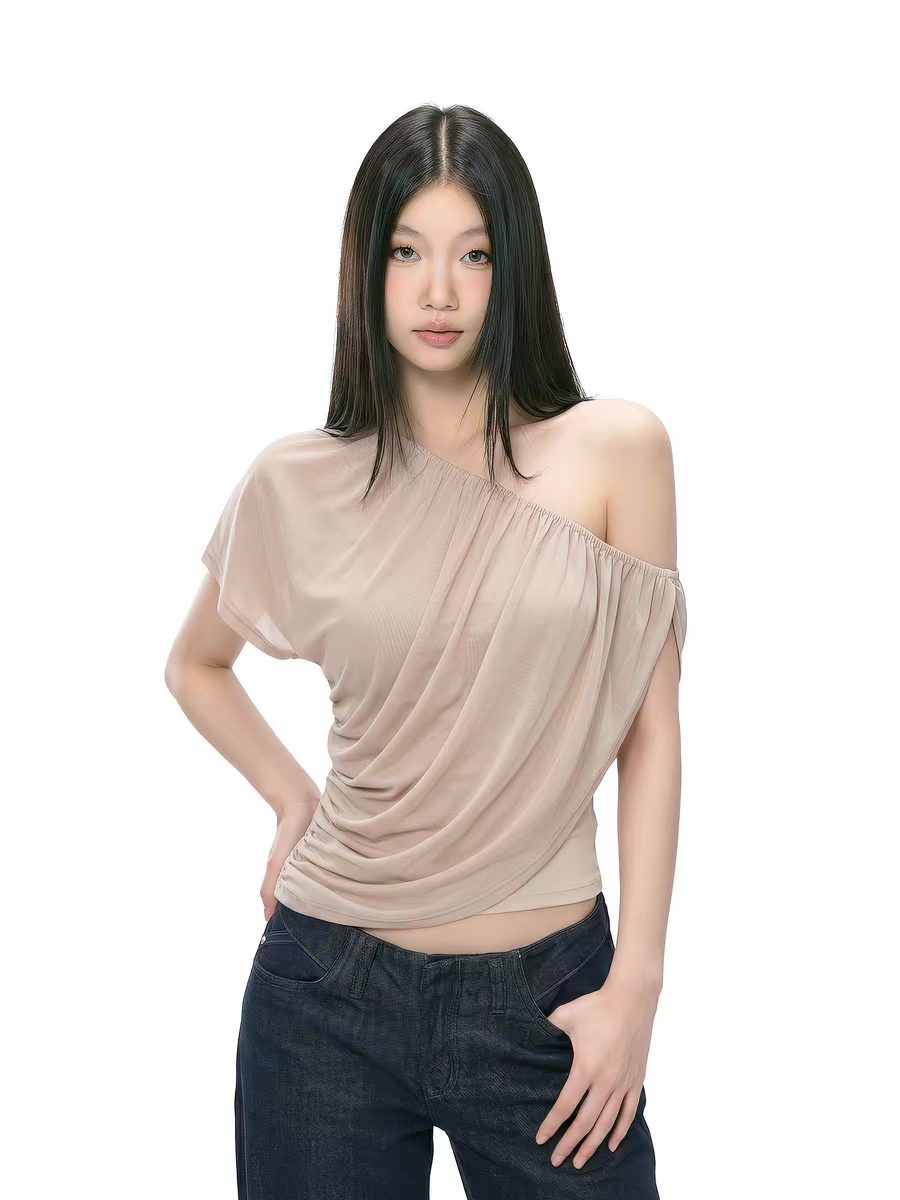 withmin 차가운 가죽 여름 핫걸 단색 섹시함 주름 비스듬한 칼라 오프숄더 반팔 티셔츠 j2651812