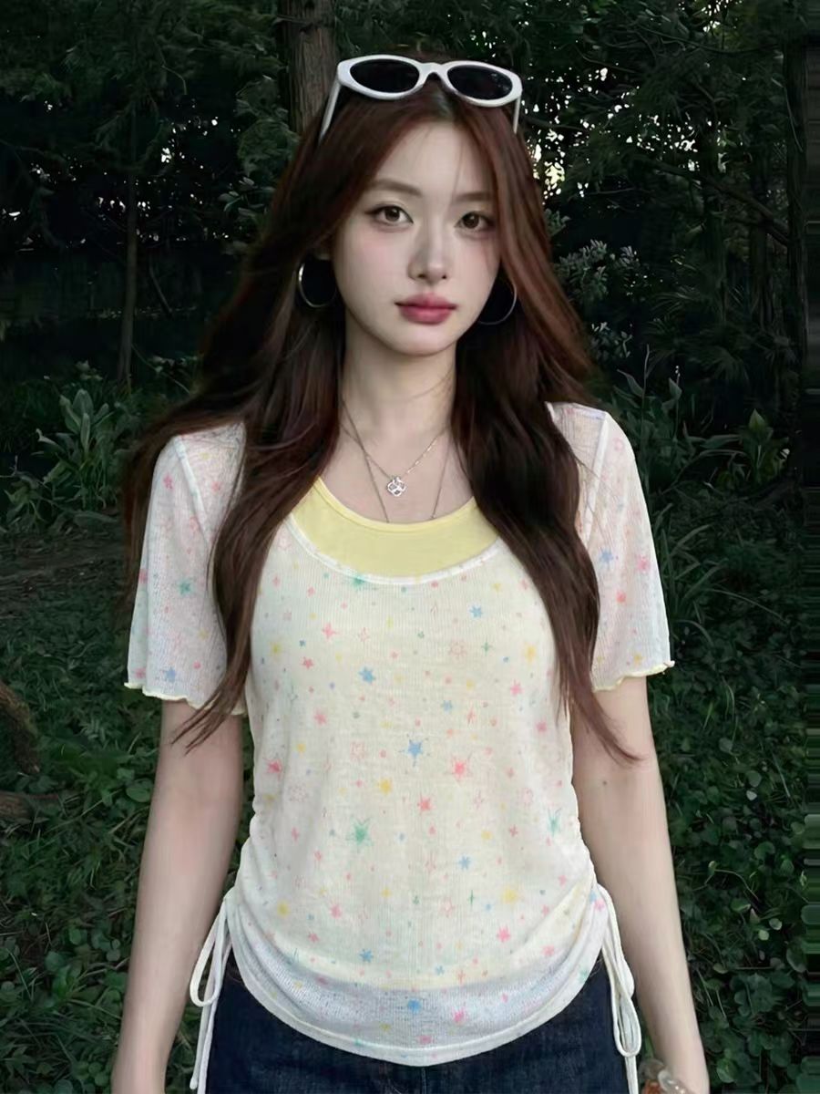 달콤한 스타일 별 프린트 반팔 티셔츠 여성 여름 지방 mm 슬림해 보이는 펌프 로프 불규칙 연령 감소 맨위 ins