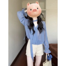 批发韩系蓝色波点V领飘带雪纺衫上衣女夏季新款时尚宽松气质<b class='q'>长袖</b>衬衫