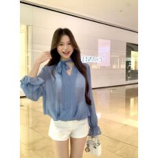 批发法式气质蓝色波点飘带<b class='q'>长袖</b><b class='q'>衬衫女</b>春夏季新款宽松显瘦薄款防晒上衣