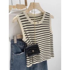 批发美式针织条纹吊带背心女夏季外穿<b class='q'>西装</b>内搭遮副乳运动无袖短款上衣