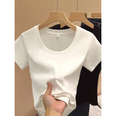 批发正肩修身短袖U领t恤女装2026夏季新款大领小衫基础款小个子白上衣