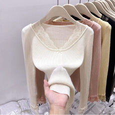 批发大码蕾丝拼接V领针织衫纯欲风内搭毛衣打底衫长袖上衣女胖mm秋<b class='q'>冬</b>