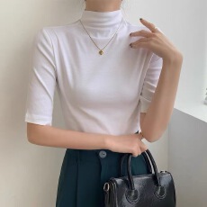 批发别致小立领短袖t恤女早秋新款<b class='q'>韩版</b>修身半高领五分袖纯色上衣内搭