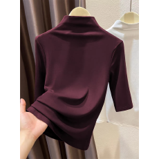 批发酒红色半高领针织短<b class='q'>袖</b>T恤女秋季新款修身内搭五分<b class='q'>袖</b>打底衫<b class='q'>上衣</b>