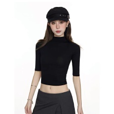 批发黑色中袖t恤女小高领打底衫内搭2025夏新款<b class='q'>修身</b>显瘦半袖短款上衣