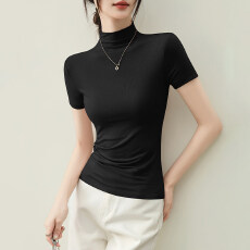 批发黑色<b class='q'>莫代尔</b>半高领短袖t恤女夏季新款修身半袖<b class='q'>打底衫</b>显瘦正肩上衣