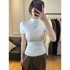 批发短袖T恤女2025早春新款半高领显瘦白色<b class='q'>修身</b>ins辣妹洋气潮内搭上衣