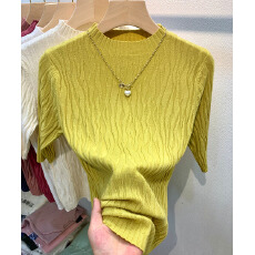 批发大量春夏款五分短袖<b class='q'>针织衫</b>女立体花纹圆领长袖修身打底衫毛衣