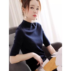 批发藏青色半<b class='q'>高领</b>中袖针织衫女春秋修身高级感内搭五分袖<b class='q'>打底衫</b>上衣