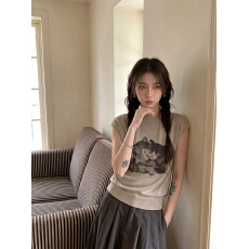 批发可爱猫咪印花毛针织衫女秋季<b class='q'>新款</b>内搭外穿气质修身叠穿T恤上衣