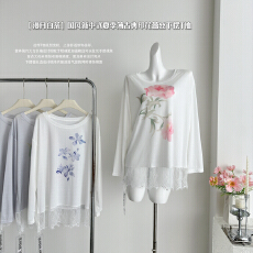 批发MOSS STUDIO漫月白茶国风新中式夏季薄古典印花蕾丝下摆<b class='q'>T</b><b class='q'>恤</b>女