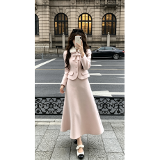 Acaine粉色毛呢外套高腰a字半身裙套装女秋法式气质千金风两件套