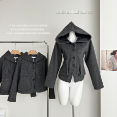 批发Wuuus jojo私服线魔<b class='q'>女</b>的口袋黑色古着羊毛<b class='q'>外套</b><b class='q'>女</b>连帽毛呢<b class='q'>大</b>衣