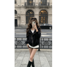 批发YOLO SHOP 黑色连帽卫衣女修身<b class='q'>百搭</b>设计感翻领美式开衫外套上衣