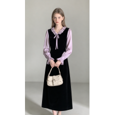 批发鹿阿姨卓叔叔鸢尾花蝶法式假两件丝绒<b class='q'>连衣裙</b>女冬内搭<b class='q'>礼服</b>裙子