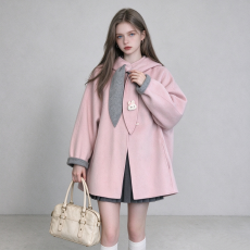 批发Acaine粉色连帽双面100羊毛大衣女冬季韩系<b class='q'>甜美</b>羊绒呢子毛呢外套