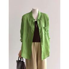 批发CHAO级推荐！春日松弛感~韩版复古绿色翻领苎麻混纺慵懒叠穿衬衫