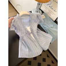 批发蓝色假两件条纹木耳边短袖<b class='q'>衬衫</b>女士上衣小个子2026夏超火减龄<b class='q'>衬衣</b>