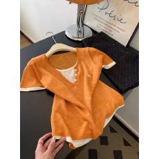 批发假两件橘色刺绣针织短袖<b class='q'>t</b><b class='q'>恤</b>女士内搭可外穿短款正肩小上衣2026夏