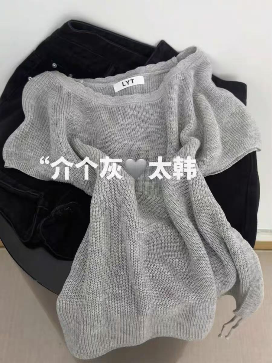 원본 추천 좋은 슬림해 보이는 아 크리 딘 미니멀리즘 회색 레이스 라운드 넥 측면 펌프 로프 니트 반팔 티셔츠 여성 셔츠 여름