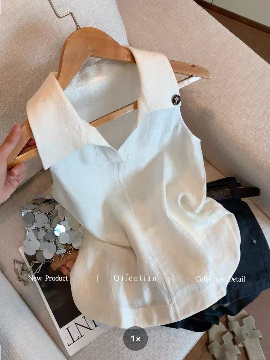 화이트 미니멀리즘 폴로 칼라 아마 민소매 조끼 여성 여름 2026 새로운 패션 캐주얼 다용도 품격 어깨 맨위