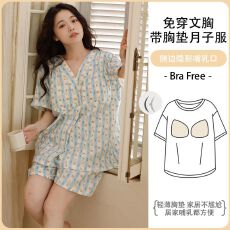 批发2025新款套头纯棉绉布纱布夏季短袖月子服带胸垫免穿<b class='q'>文胸</b><b class='q'>孕妇</b><b class='q'>睡衣</b>