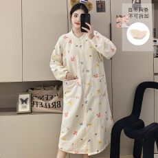 批发带固定胸垫免穿文胸空气棉夹层哺乳长裙加肥加大孕妇睡裙怀孕期
