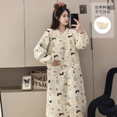 批发带固定胸垫免穿文胸空气棉夹层哺乳长裙加肥加大孕妇睡裙怀孕期