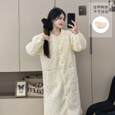 批发带固定胸垫免穿文胸空气棉夹层哺乳长裙加肥加大孕妇睡裙怀孕期