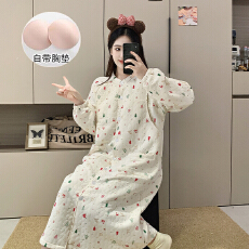 批发带固定胸垫免穿文胸空气棉夹层哺乳长裙加肥加大孕妇睡裙怀孕期