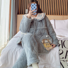 批发<b class='q'>冬</b>季三层夹棉隐形拉链孕妇加厚法兰绒月子服哺乳服外穿家居服