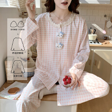 批发2026新款月子服春季可拆卸胸垫孕妇睡衣产妇待产服卡通格子家居服