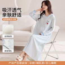 批发100%纯棉孕妇睡裙女带胸垫秋季新款产前产后月子服睡衣女