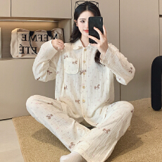 批发100%双层纱布纯棉套装月子服女孕妇睡衣哺乳服夏季孕期可调节家居