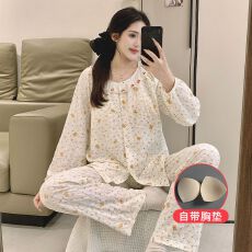 批发孕妇睡衣春秋<b class='q'>夏</b>季新款云朵棉万年格产妇产后喂奶家居服带胸垫套装