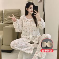 批发孕妇睡衣春秋<b class='q'>夏</b>季新款云朵棉万年格产妇产后喂奶家居服带胸垫套装