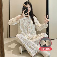 批发孕妇睡衣春秋<b class='q'>夏</b>季新款云朵棉万年格产妇产后喂奶家居服带胸垫套装