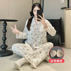 批发孕妇睡衣春秋<b class='q'>夏</b>季新款云朵棉万年格产妇产后喂奶家居服带胸垫套装