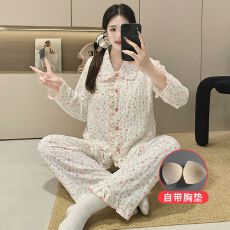 批发孕妇睡衣春秋<b class='q'>夏</b>季新款云朵棉万年格产妇产后喂奶家居服带胸垫套装